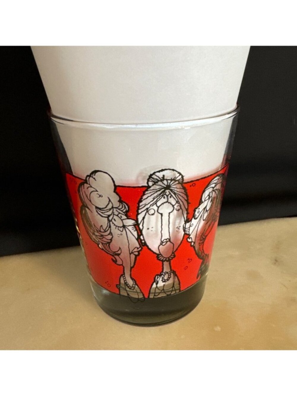 1979 C.M. Paula Co. Cartoon Humor Glass Tumbler With Red Design & Funny Quote Ra